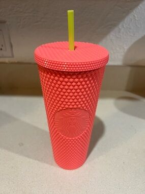 Starbucks Coral Studded Reusable Tumbler with Neon Yellow Straw